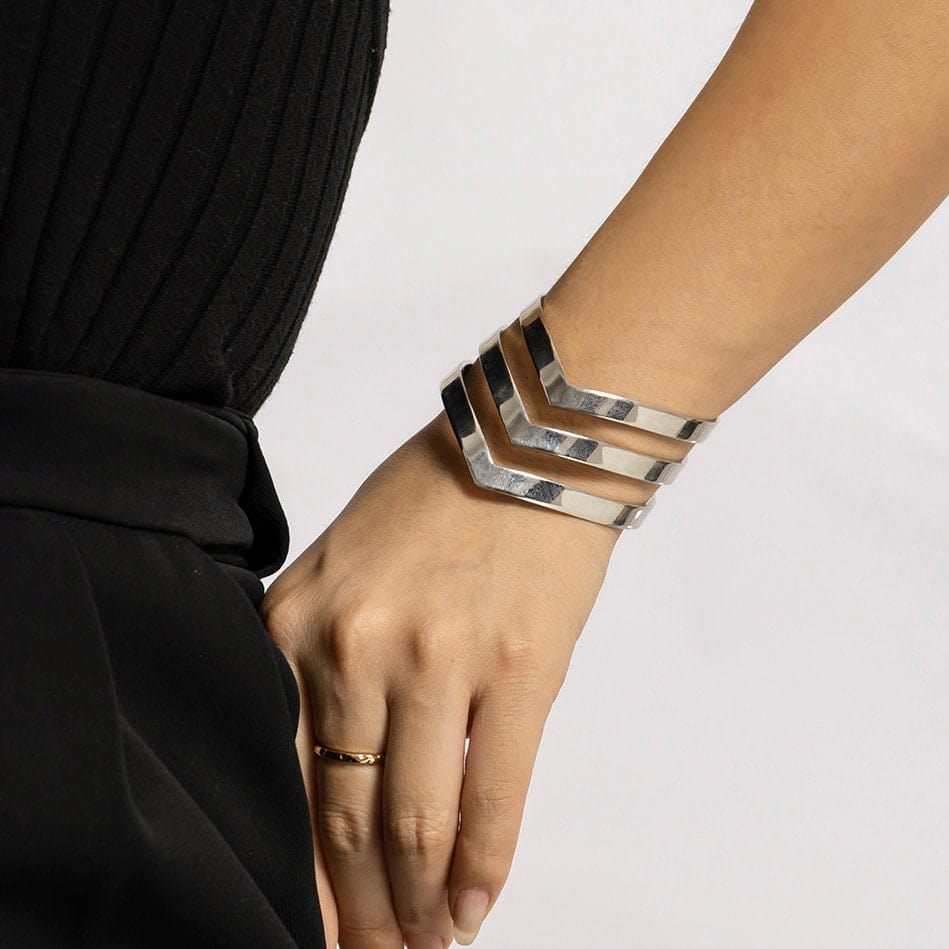 Geometric Abstract V Shaped Pattern Bold Cuff Bracelet