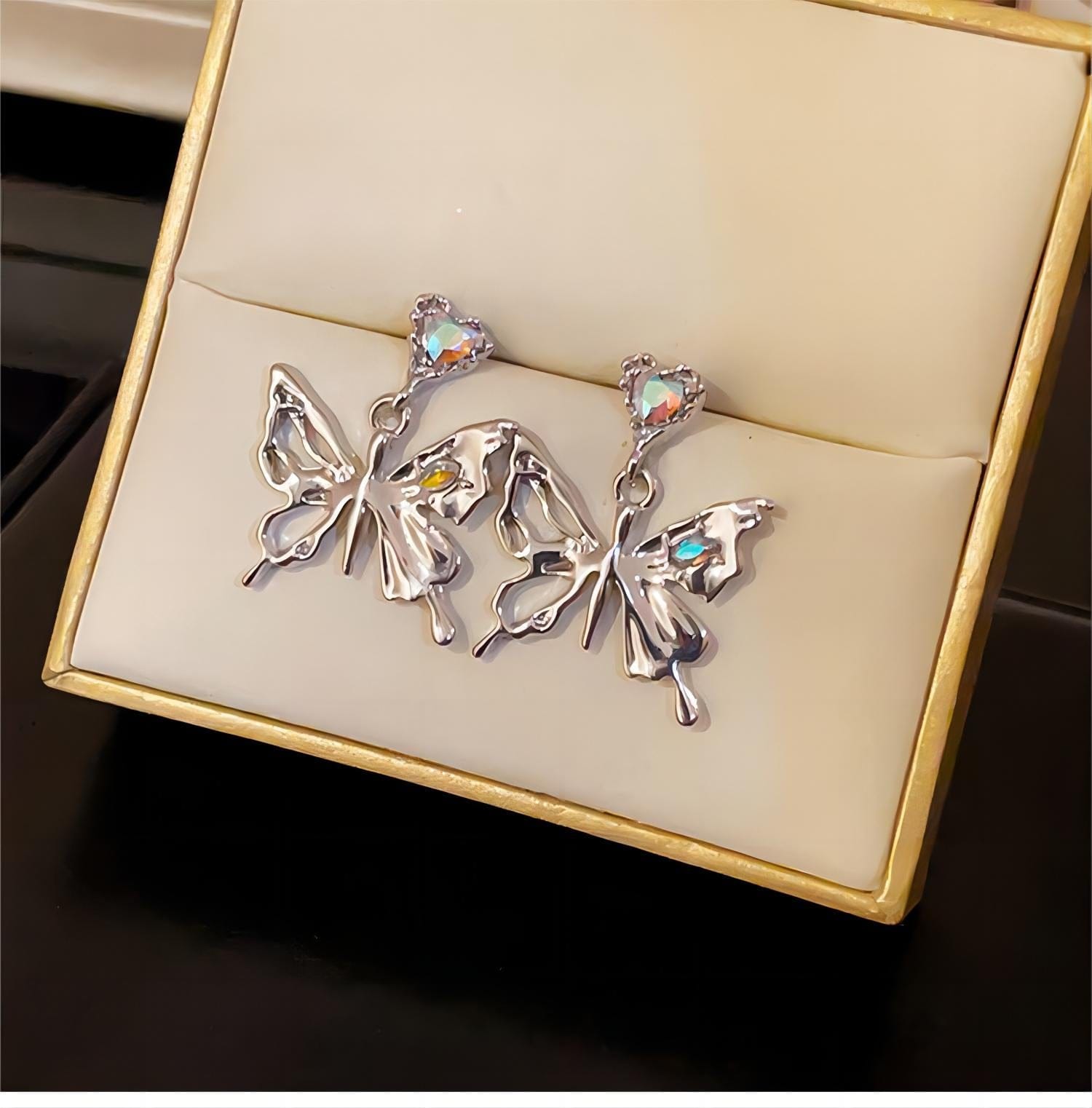 Geometric Crystal Inlaid Dangling Butterfly Earrings