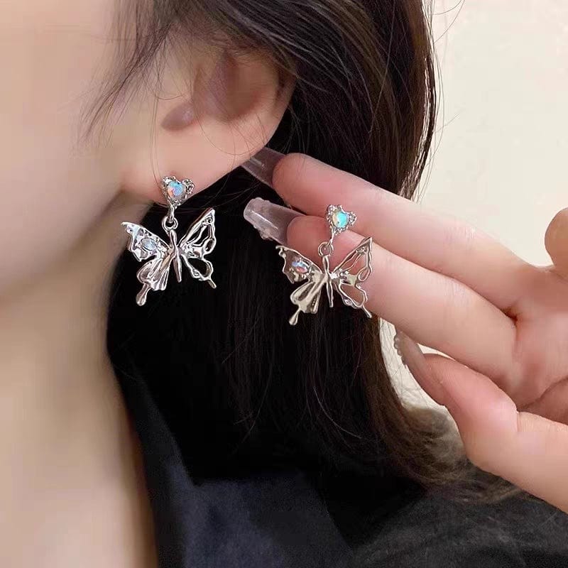 Geometric Crystal Inlaid Dangling Butterfly Earrings