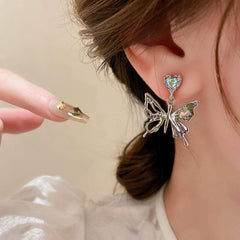 Geometric Crystal Inlaid Dangling Butterfly Earrings