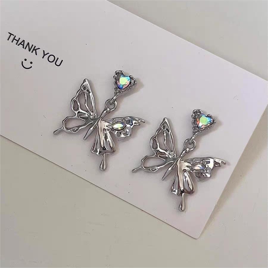 Geometric Crystal Inlaid Dangling Butterfly Earrings