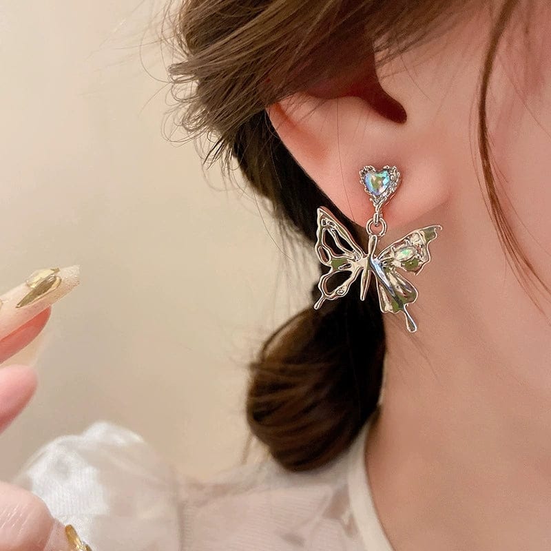 Geometric Crystal Inlaid Dangling Butterfly Earrings