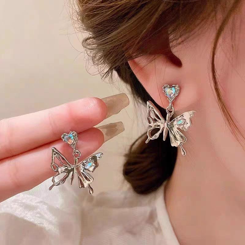 Geometric Crystal Inlaid Dangling Butterfly Earrings