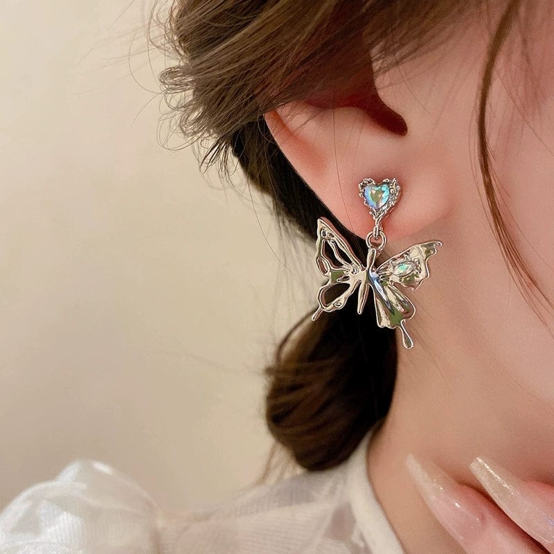 Geometric Crystal Inlaid Dangling Butterfly Earrings