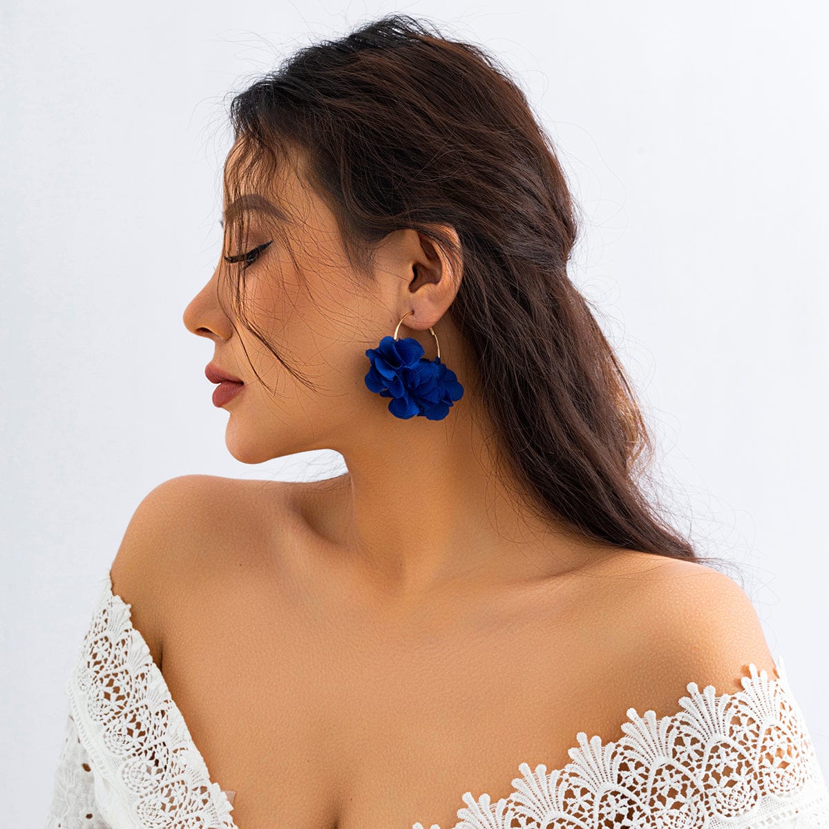 Geometric Fabric Flower Chunky Hoop Earrings