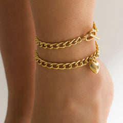 Geometric Layered Toggle Clasp Heart Charm Anklet Set