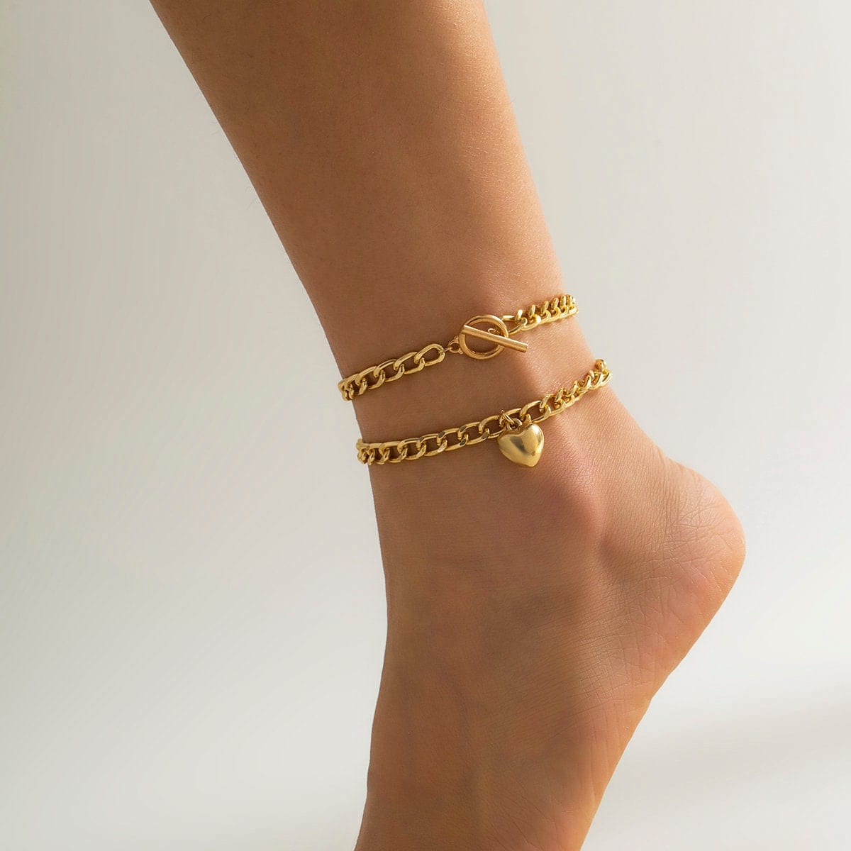 Geometric Layered Toggle Clasp Heart Charm Anklet Set