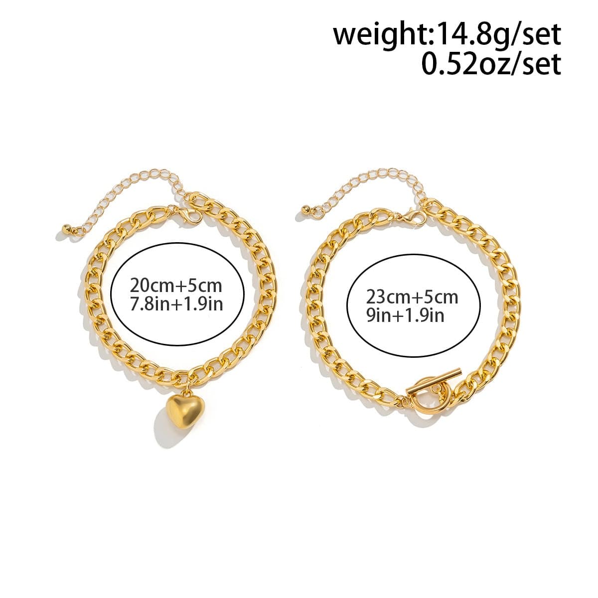 Geometric Layered Toggle Clasp Heart Charm Anklet Set