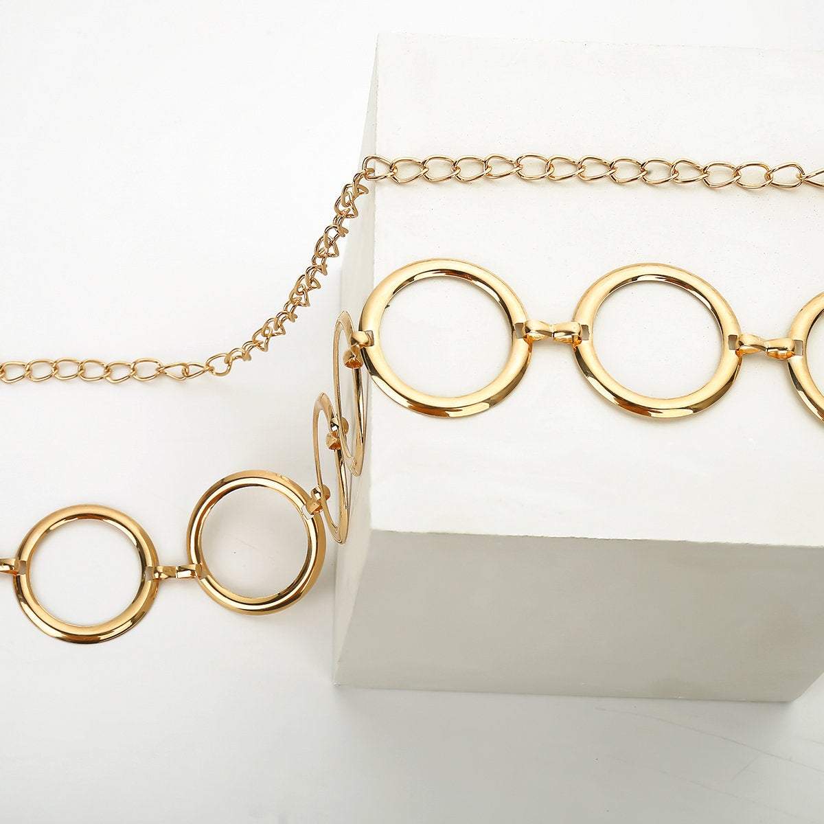 Geometrical O Ring Shape Waist Belt - Chic Gold Tone Body Chain - Elegent Minimalist Big Ring Belly Chain