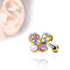 Gold IP Surgical Steel Multi Crystal Butterfly Ear Cartilage Barbell
