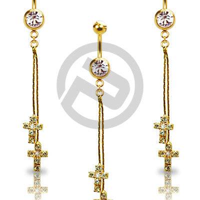 Gold Plated 2 Dangle Religious Cross Clear CZ Drop Dangle Belly Button Navel Ring