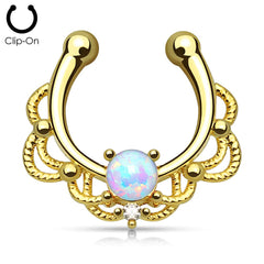 Gold Plated Fake "faux" Synthetic Opal Center Lace Septum Ring