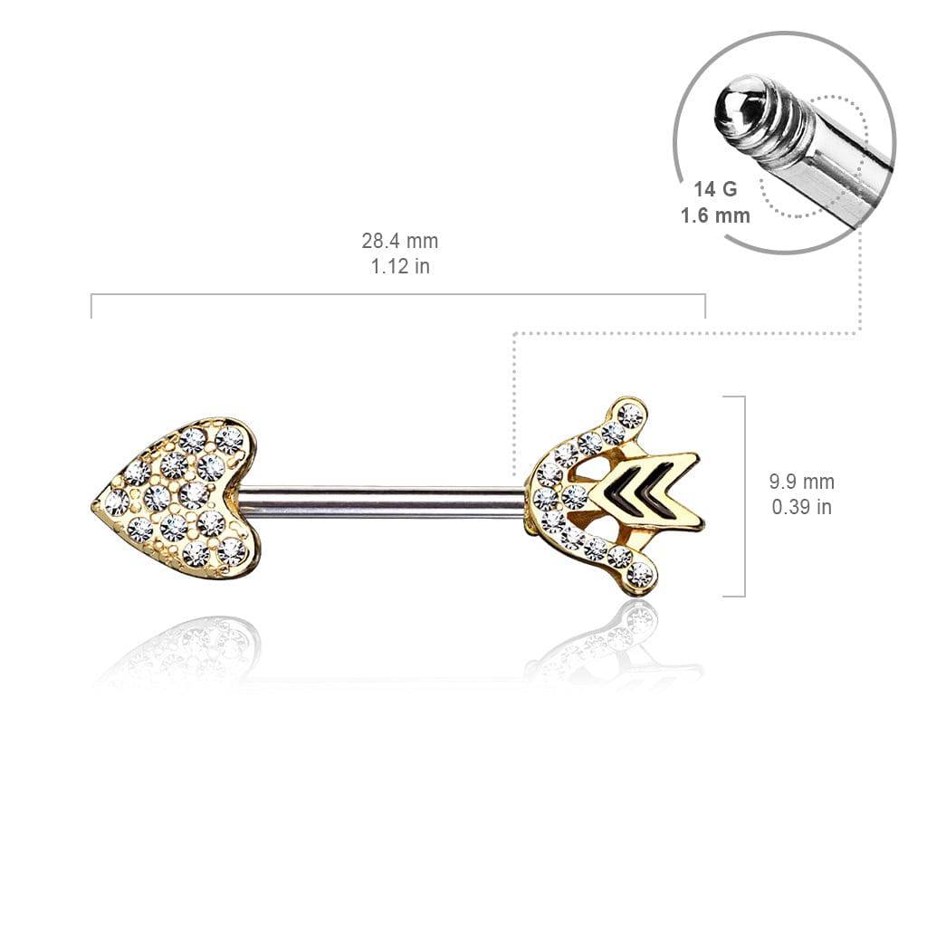 Gold Plated Heart & Arrow CZ Nipple Ring Barbell