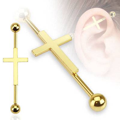 Gold Plated Over Surgical Steel Cross Straight Barbell Industrial Bar