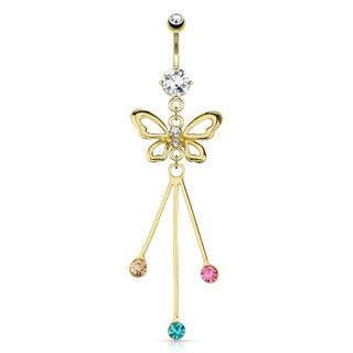 Gold Plated over Surgical Steel Multi Color CZ Butterfly Strands Dangling Belly Button Navel Ring