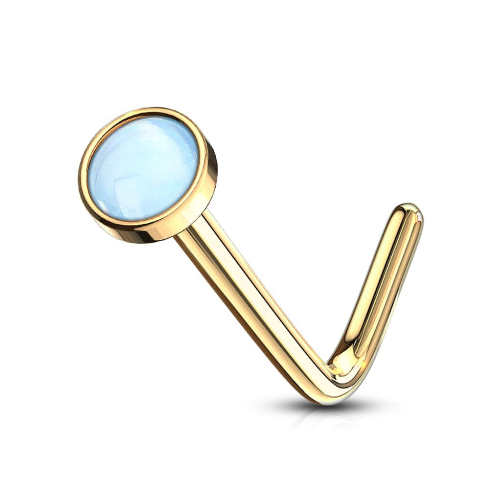 Gold Plated Surgical Steel Blue Stone L Shape Bent Nose Pin Ring