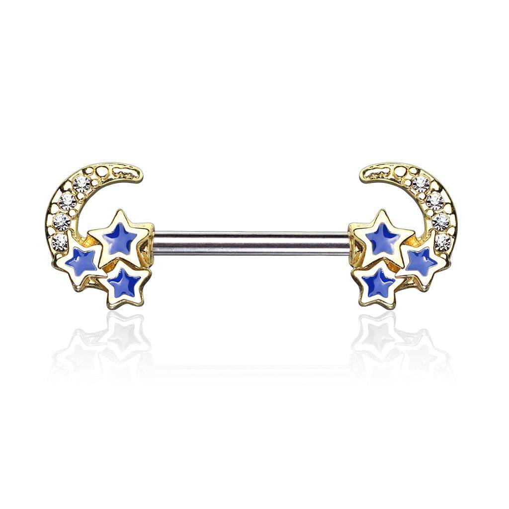 Gold Plated Surgical Steel Crescent Moon & Blue Stars Nipple Ring Barbell