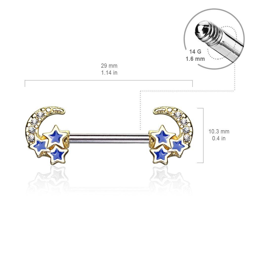 Gold Plated Surgical Steel Crescent Moon & Blue Stars Nipple Ring Barbell