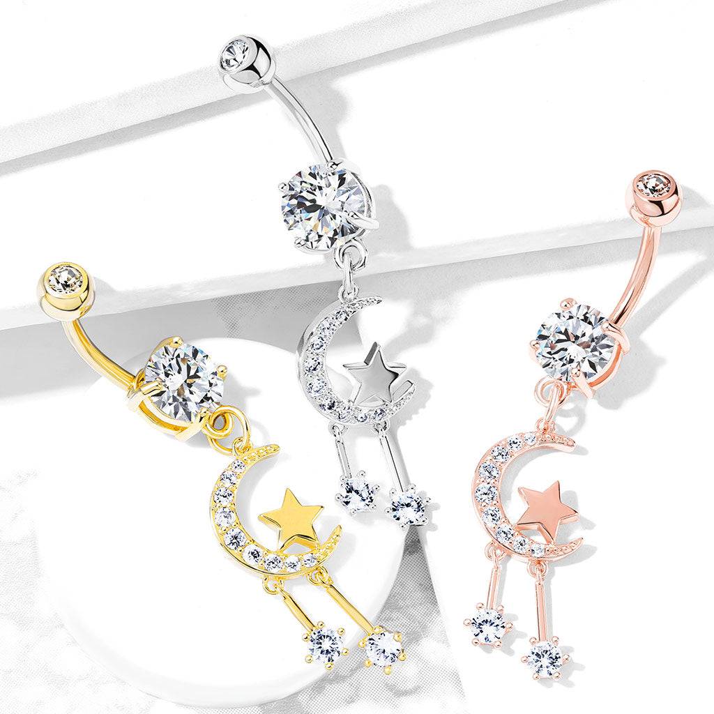 Bauchnabelpiercing aus vergoldetem Chirurgenstahl mit Halbmond und Stern