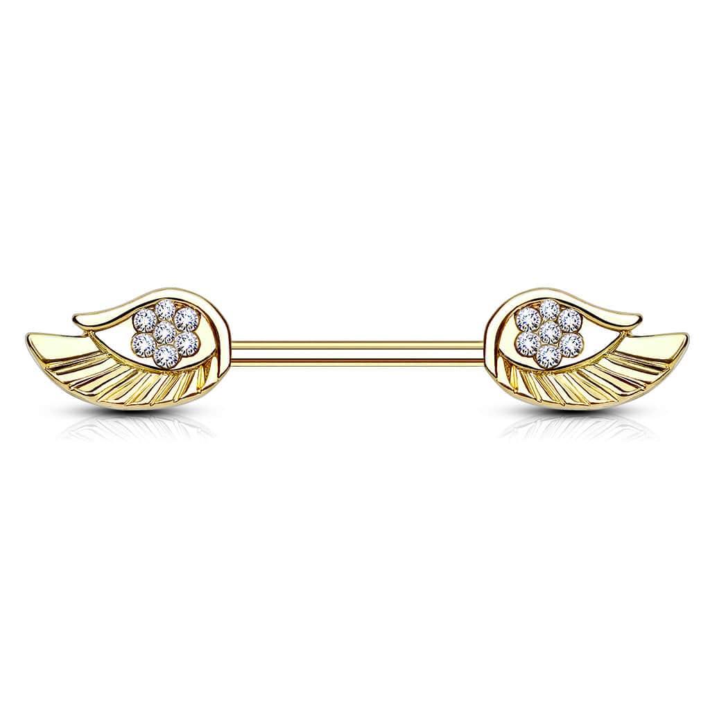 Gold Plated Surgical Steel CZ Paved Angel Wing Nipple Ring