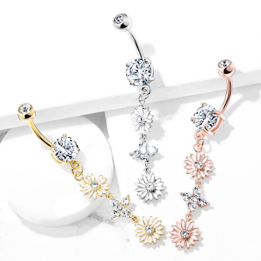Bauchnabelpiercing mit Blumenmotiv, vergoldet, Chirurgenstahl, Doppel-CZ