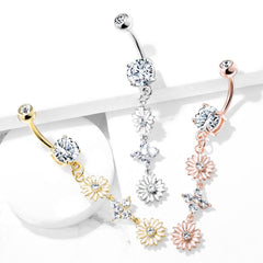 Bauchnabelpiercing mit Blumenmotiv, vergoldet, Chirurgenstahl, Doppel-CZ