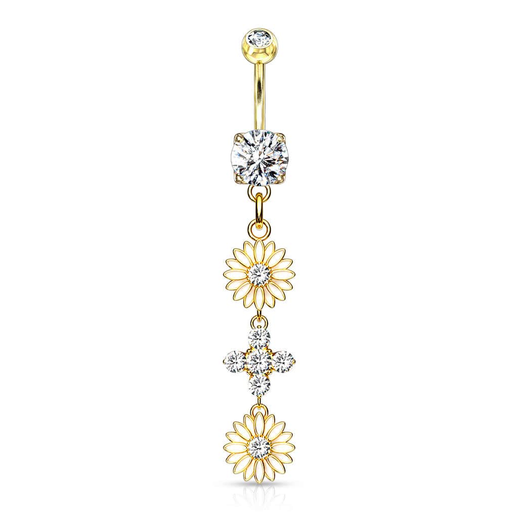 Bauchnabelpiercing mit Blumenmotiv, vergoldet, Chirurgenstahl, Doppel-CZ