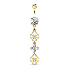 Bauchnabelpiercing mit Blumenmotiv, vergoldet, Chirurgenstahl, Doppel-CZ