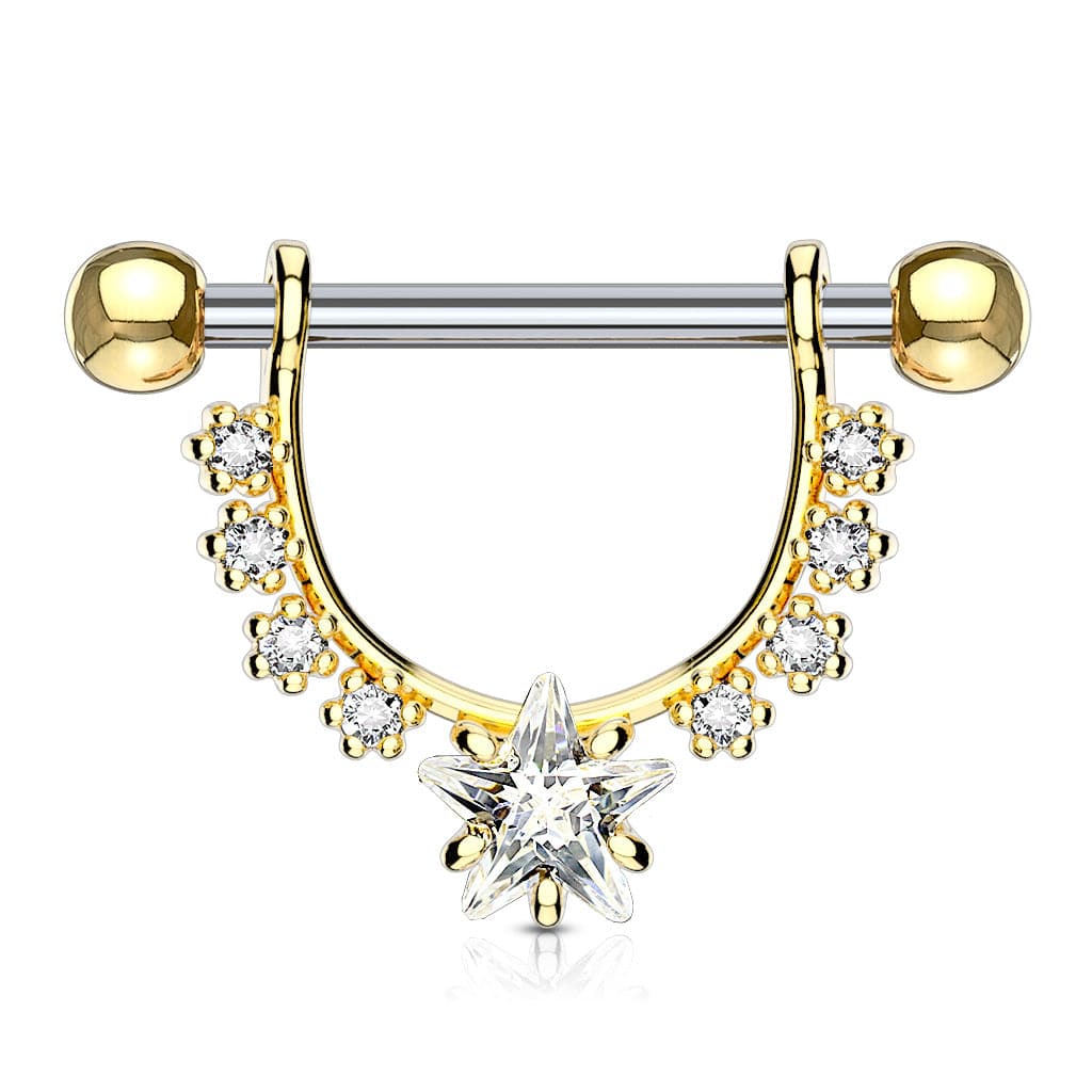 Gold Plated Surgical Steel Star Dangle White CZ Nipple Ring Barbell