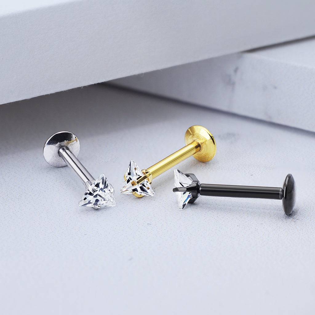 Labret aus Chirurgenstahl, dreieckig, vergoldet, mit weißen Zirkoniasteinen, Innengewinde