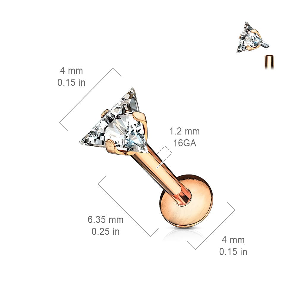 Labret aus Chirurgenstahl, dreieckig, vergoldet, mit weißen Zirkoniasteinen, Innengewinde