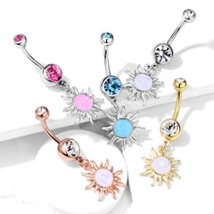 Gold Plated Surgical Steel White Glitter Opal Tribal Sun Belly Button Ring