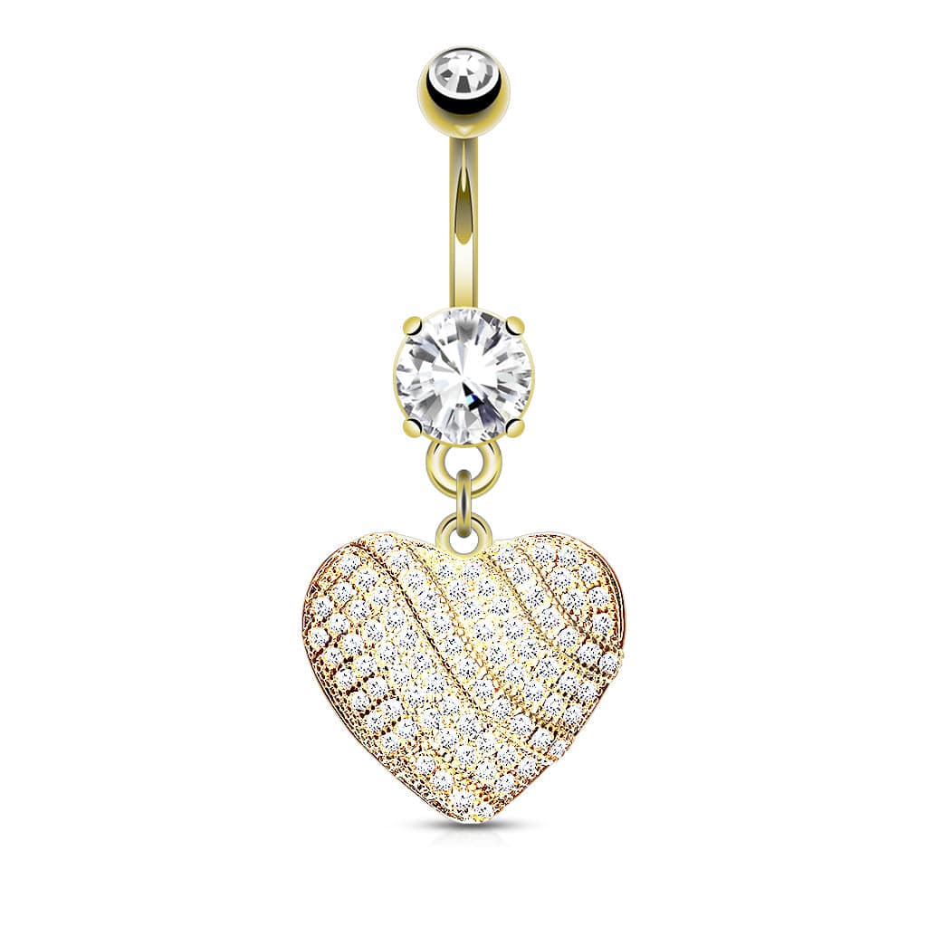 Gold Plated Surgical Steel White Pave Heart Dangle Belly Ring