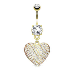 Gold Plated Surgical Steel White Pave Heart Dangle Belly Ring