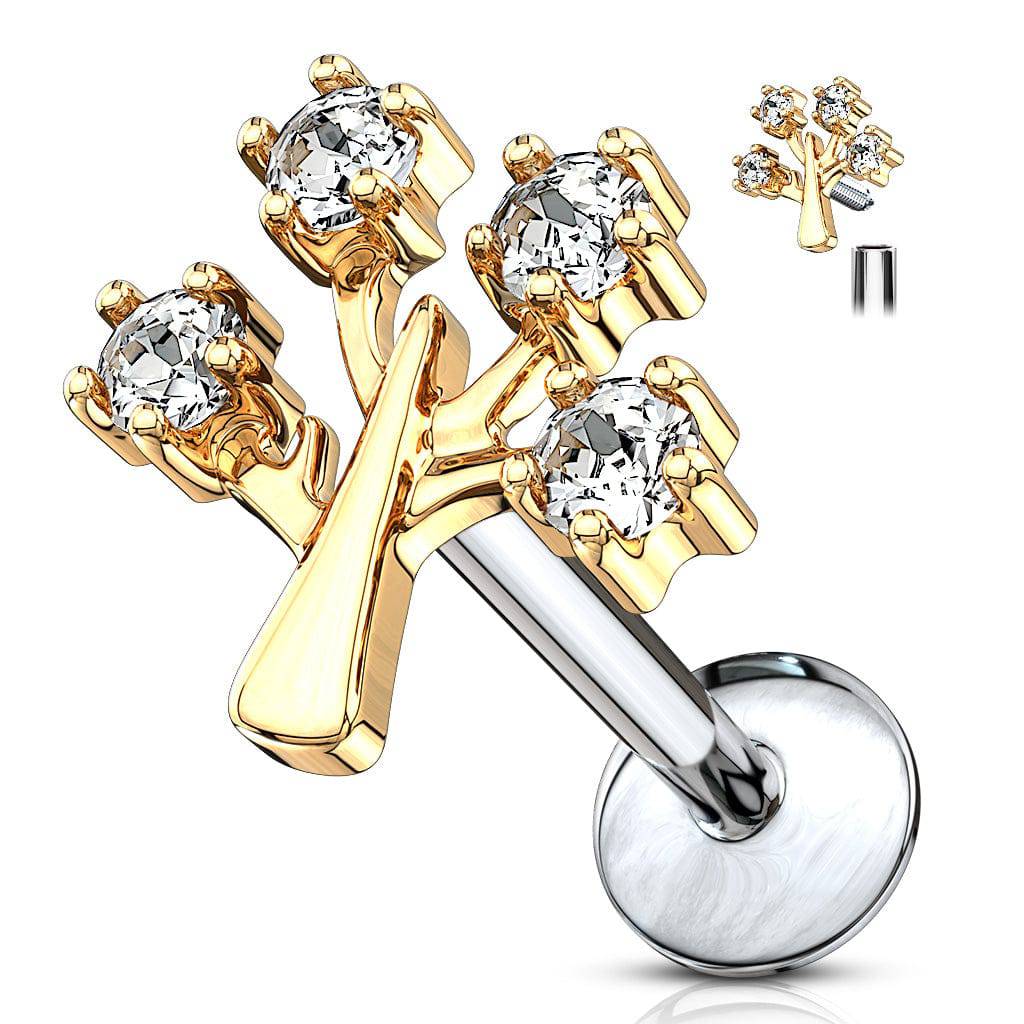 Gold Plated White CZ Tree Of Life Internally Threaded Labret