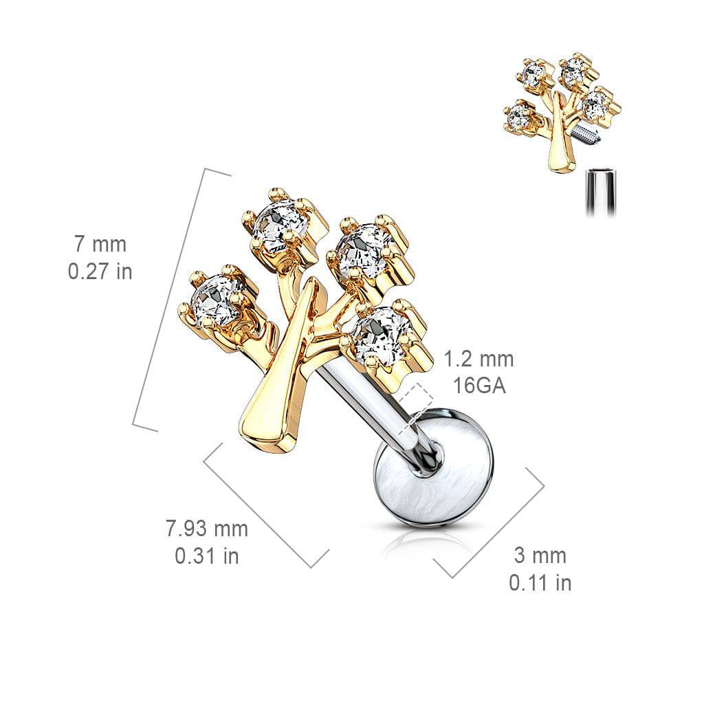 Gold Plated White CZ Tree Of Life Internally Threaded Labret