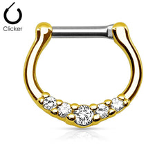 Septumring mit 5 Zinken, PVD-Beschichtung, weißer Zirkonia, Chirurgenstahl, Clicker