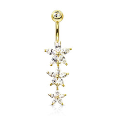 Gold PVD Surgical Steel 3 White CZ Flower Dangle Belly Ring