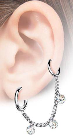 Gold PVD Surgical Steel Chain Link Double Hoop Earring with White CZ Gem Dangle