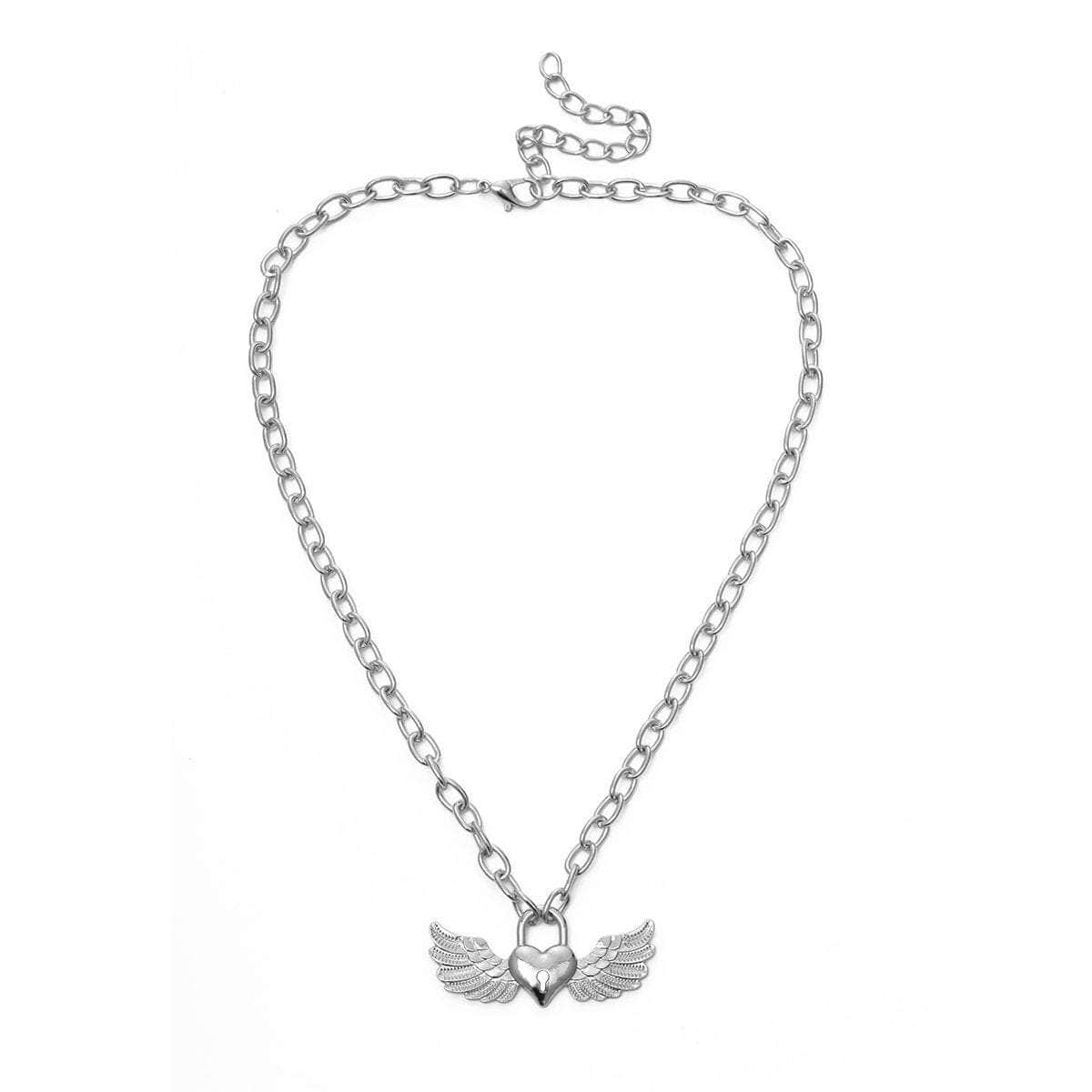 Gold Silver Tone Angel Wings Pendant Chain Necklace - Chic Lock Pendant Metal Chain Necklace