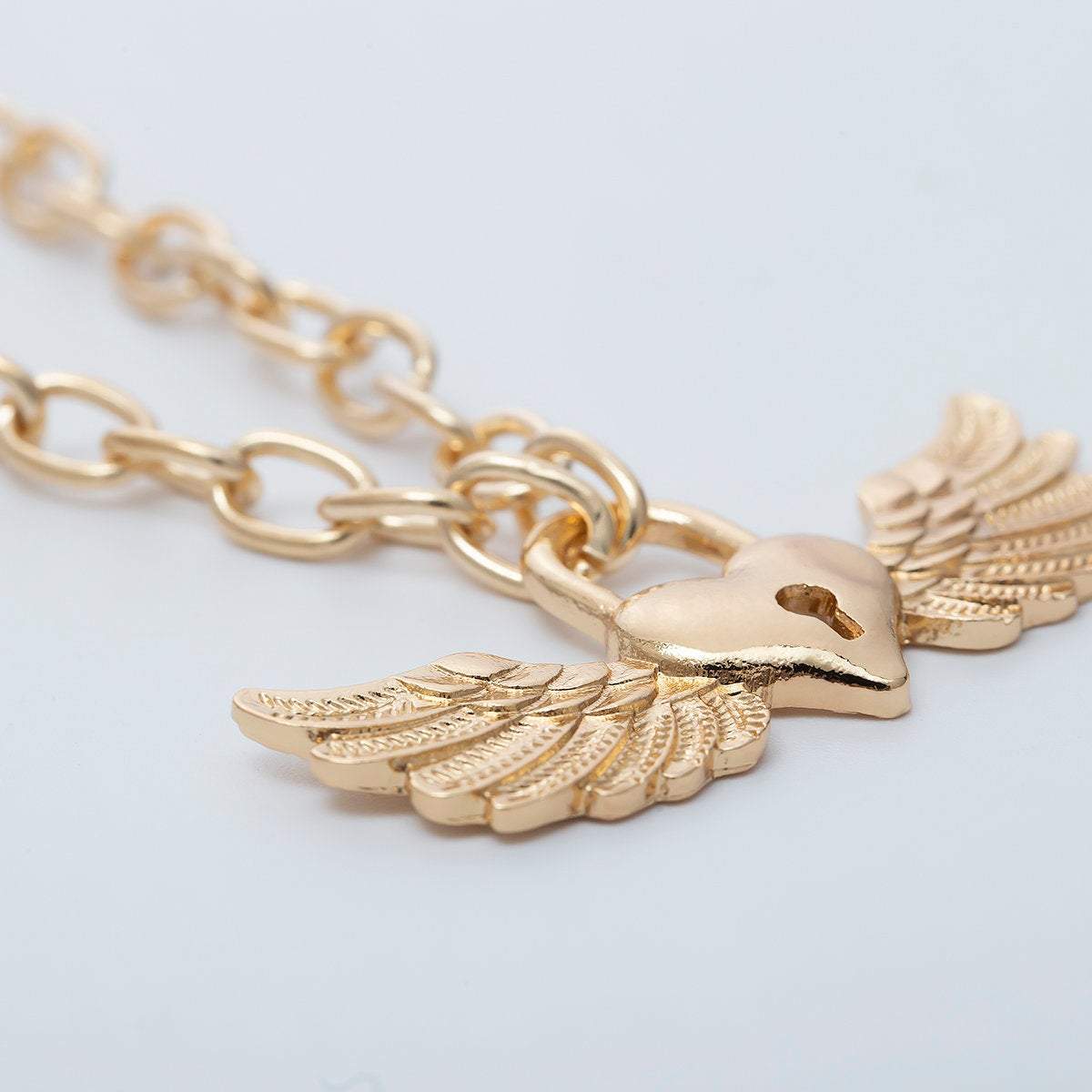 Gold Silver Tone Angel Wings Pendant Chain Necklace - Chic Lock Pendant Metal Chain Necklace