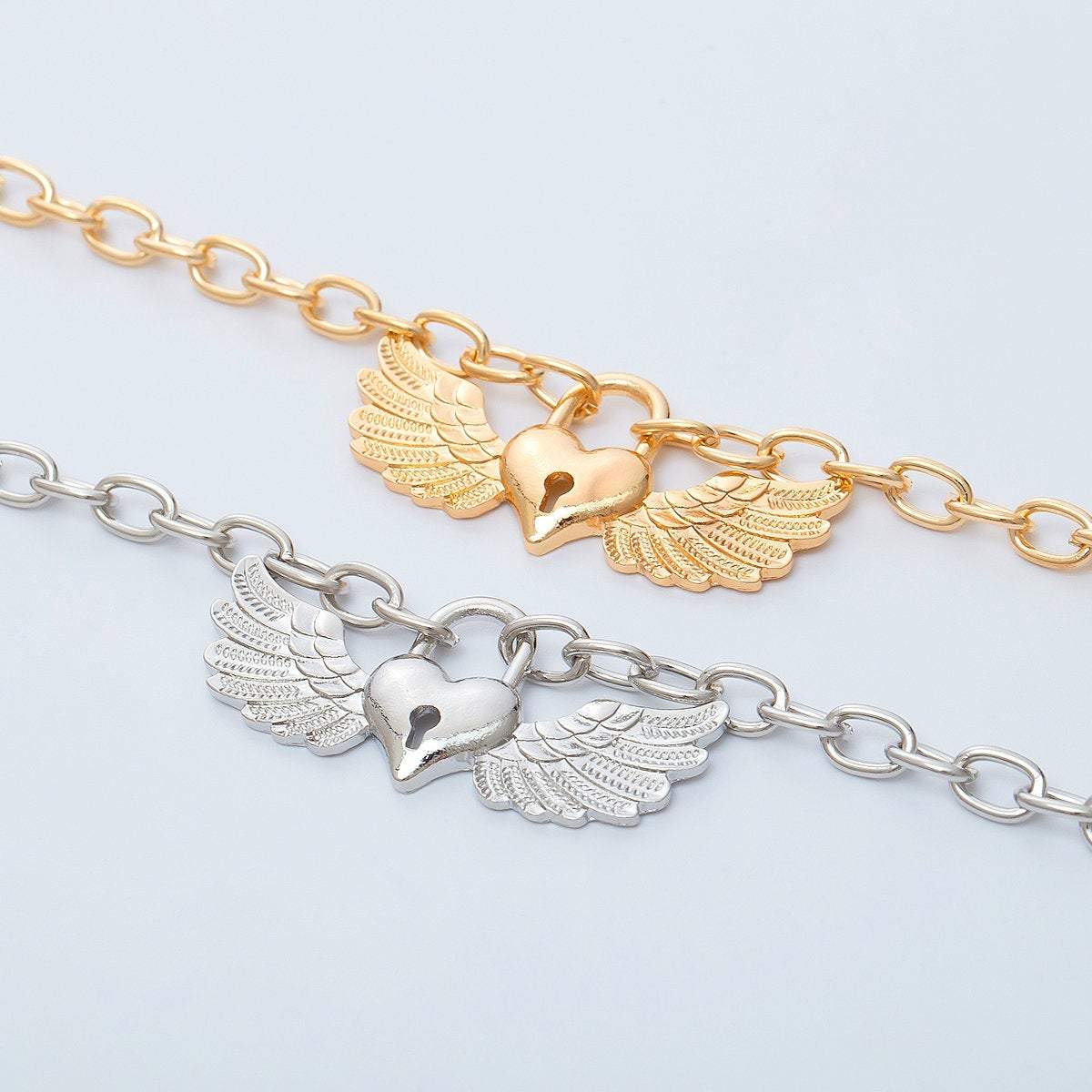 Gold Silver Tone Angel Wings Pendant Chain Necklace - Chic Lock Pendant Metal Chain Necklace