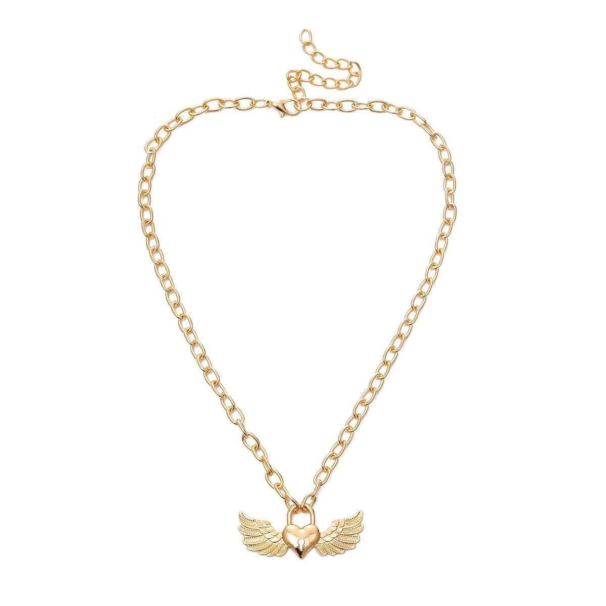 Gold Silver Tone Angel Wings Pendant Chain Necklace - Chic Lock Pendant Metal Chain Necklace