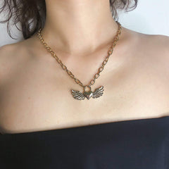 Gold Silver Tone Angel Wings Pendant Chain Necklace - Chic Lock Pendant Metal Chain Necklace