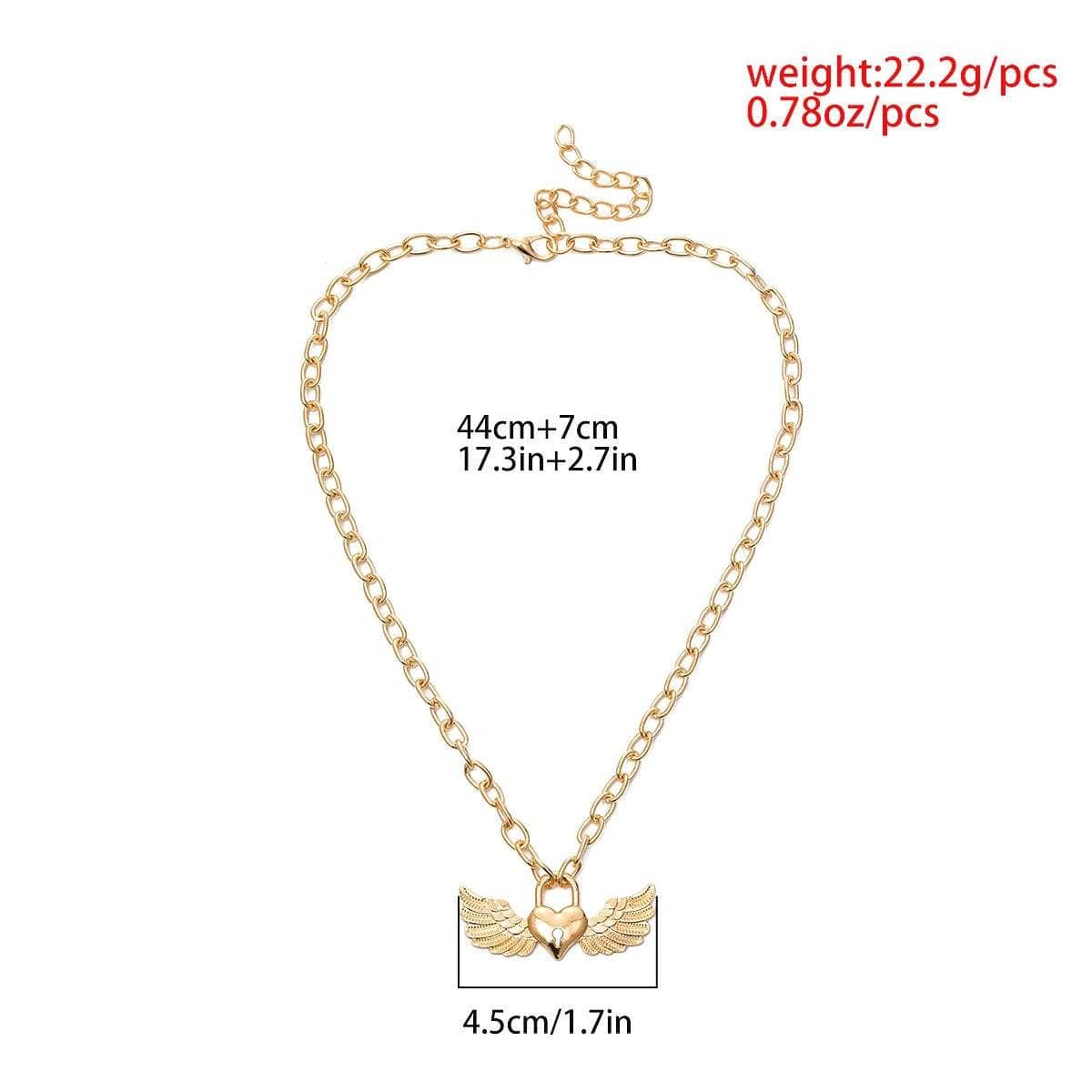 Gold Silver Tone Angel Wings Pendant Chain Necklace - Chic Lock Pendant Metal Chain Necklace