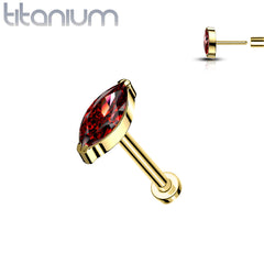 Implant Grade Titanium Gold PVD Threadless Push In Labret Red Marquise CZ Stud