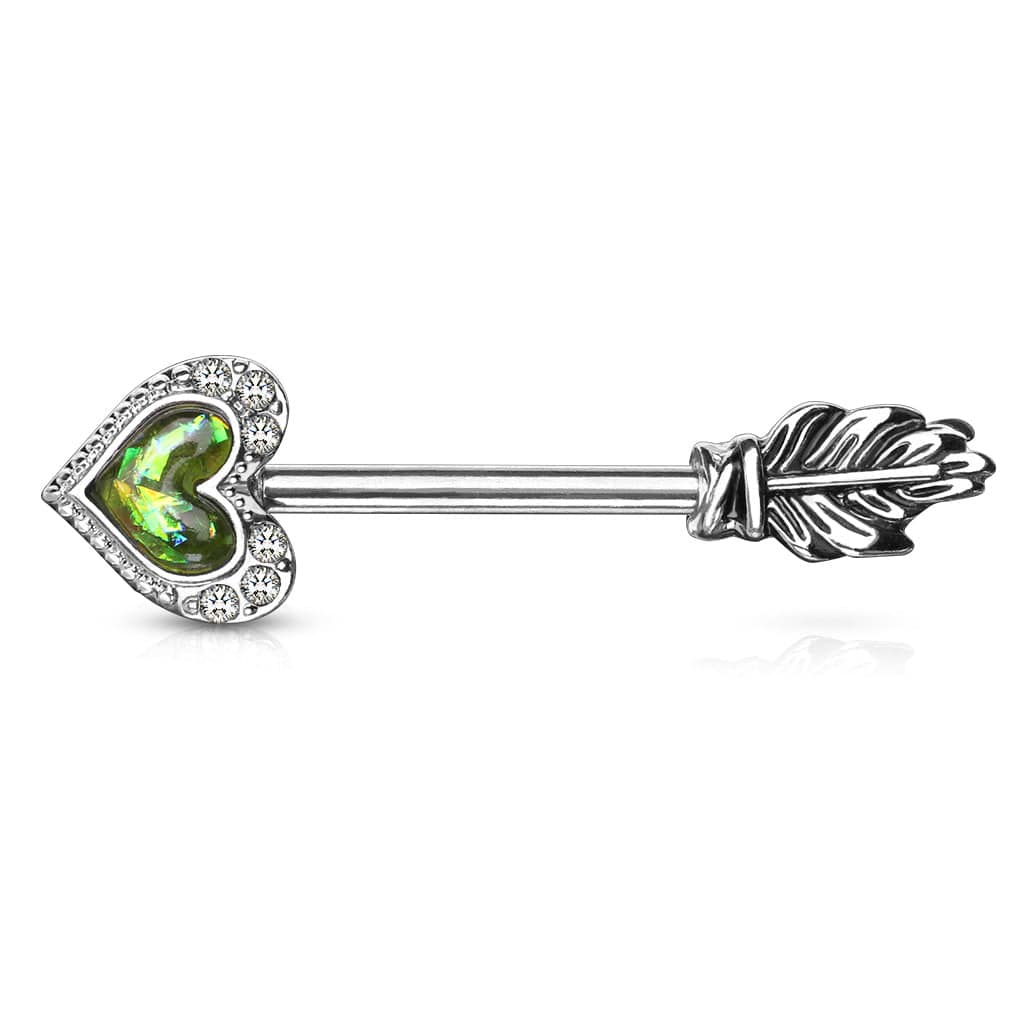 Green Opal Heart & Feather Arrow Surgical Steel Nipple Ring Barbell