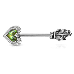 Green Opal Heart & Feather Arrow Surgical Steel Nipple Ring Barbell