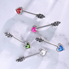 Green Opal Heart & Feather Arrow Surgical Steel Nipple Ring Barbell