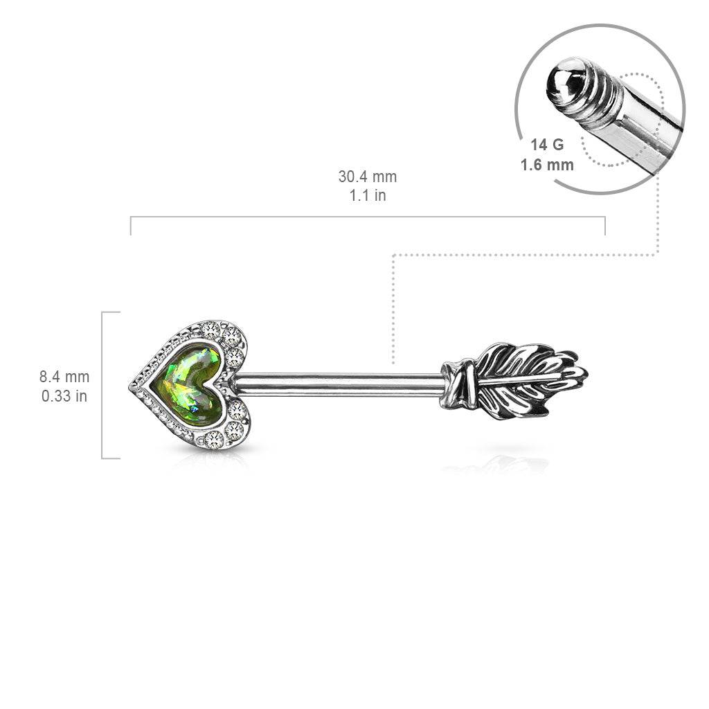 Green Opal Heart & Feather Arrow Surgical Steel Nipple Ring Barbell